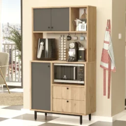 Armoire de cuisine moderne 4 portes et 2 tiroirs Axyl L88xH161,2cm Bois et Anthracite