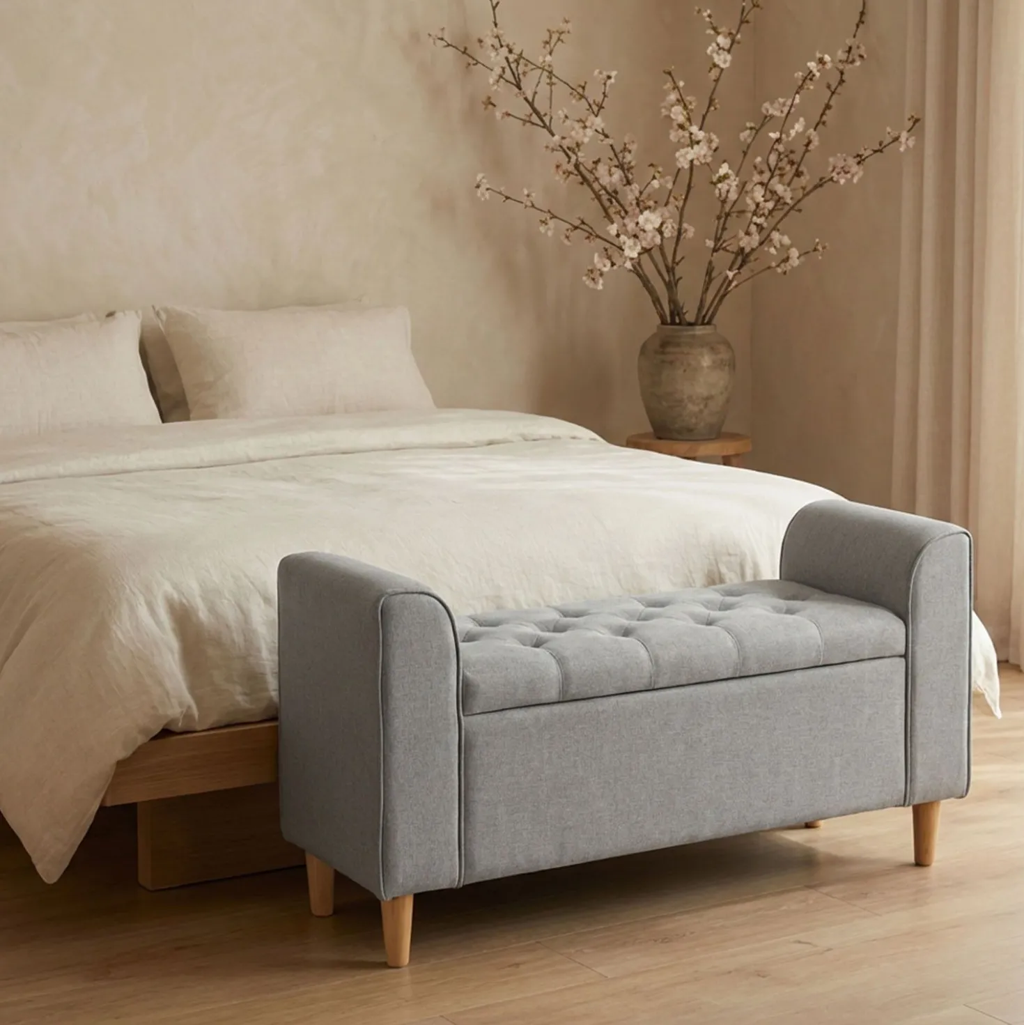 Banc coffre Winnie Tissu Gris clair