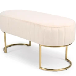 Banquette élégante matelassée Philomena pieds métal doré et Velours Beige