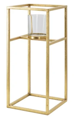Bougeoir en métal doré et verre transparent carré