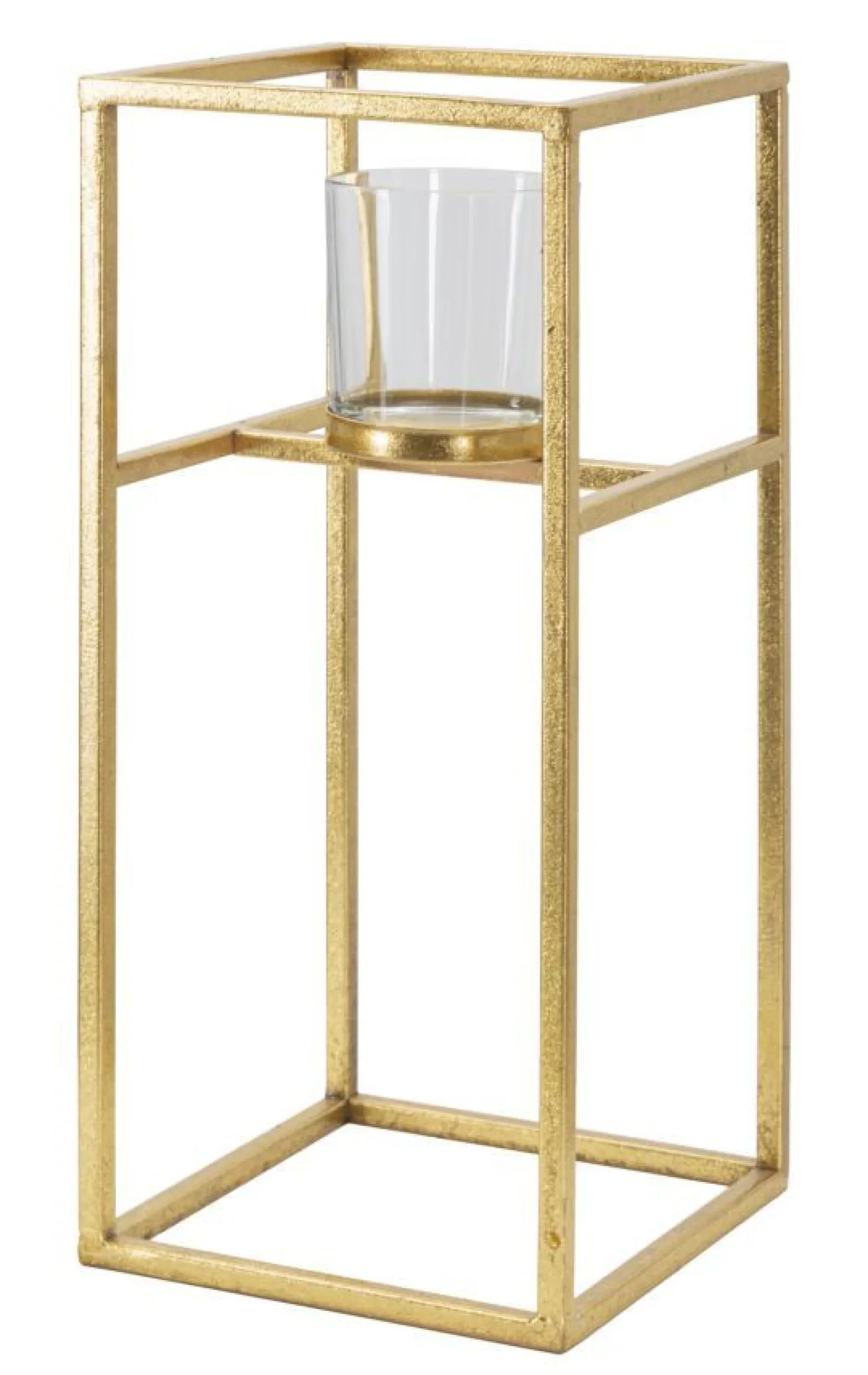 Bougeoir en métal doré et verre transparent carré