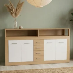 Buffet contemporain L190cm 4 portes er 4 tiroirs Lunata Bois sonoma et Blanc