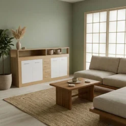 Buffet contemporain L190cm 4 portes er 4 tiroirs Lunata Bois sonoma et Blanc