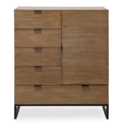 Buffet haut 5 tiroirs et 1 porte battante Panara L90cm Bois d'acacia patiné