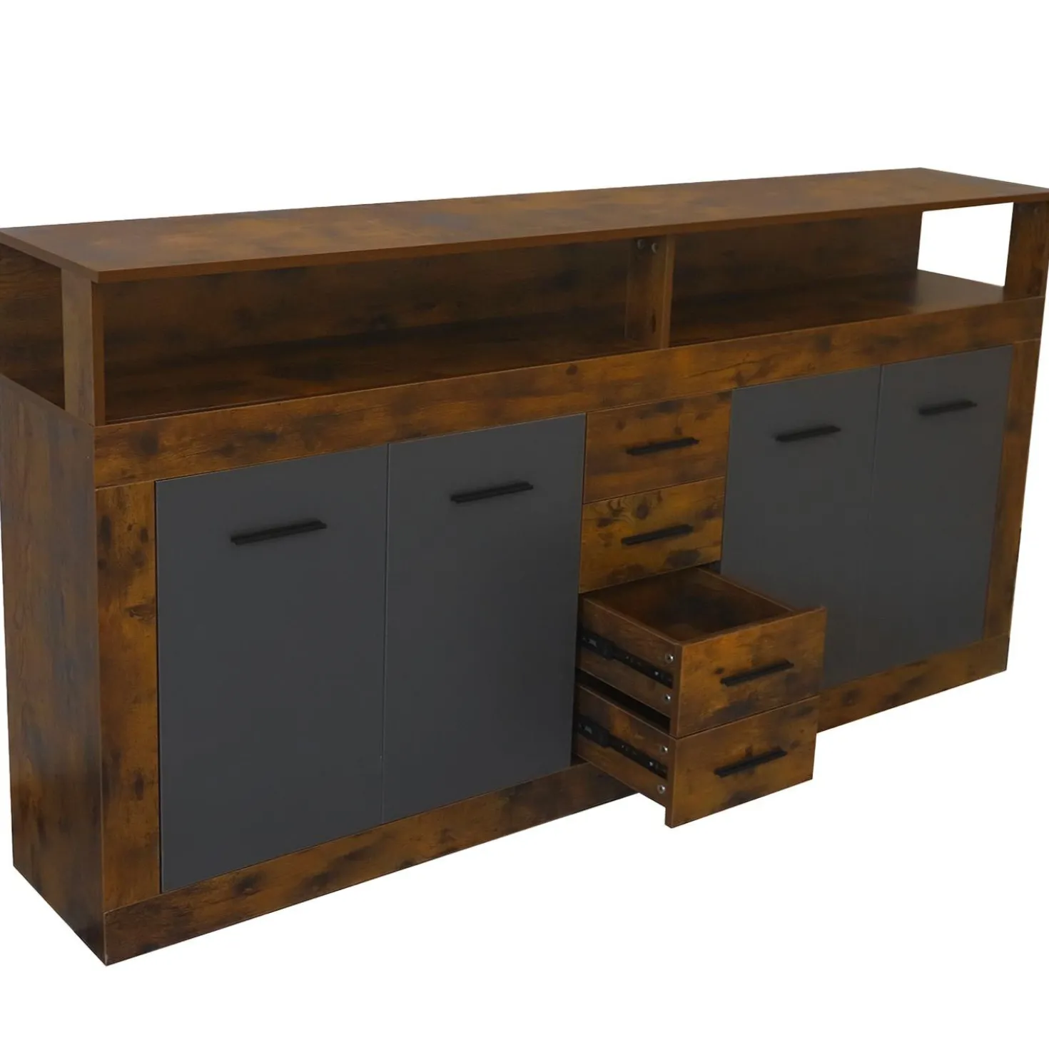 Buffet style industriel L190cm 4 portes er 4 tiroirs Lunata Bois foncé et Gris