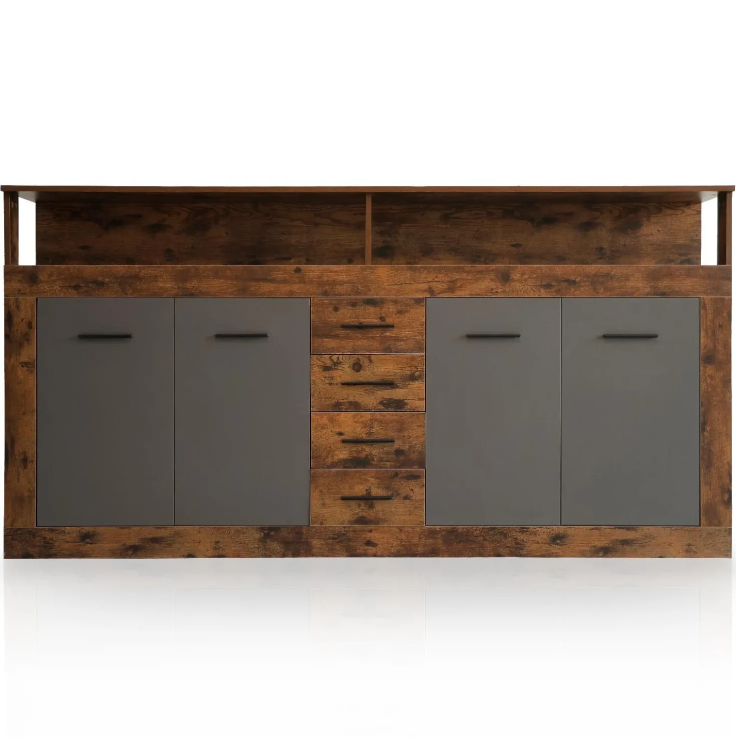Buffet style industriel L190cm 4 portes er 4 tiroirs Lunata Bois foncé et Gris