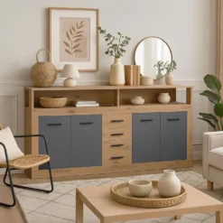 Buffet style industriel L190cm 4 portes er 4 tiroirs Lunata Chêne et Gris