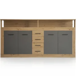 Buffet style industriel L190cm 4 portes er 4 tiroirs Lunata Chêne et Gris