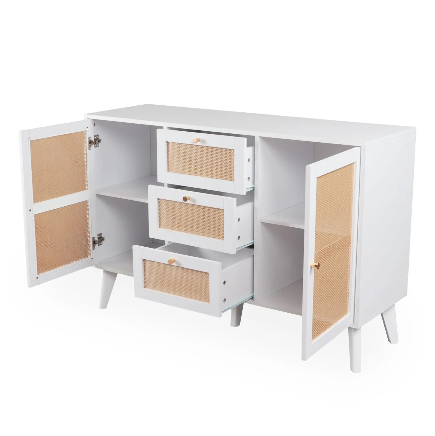 Buffet 3 tiroirs et 2 portes avec cannage Dalgora L120cm Blanc
