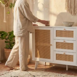 Buffet 3 tiroirs et 2 portes avec cannage Dalgora L120cm Blanc
