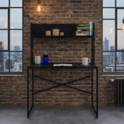 Bureau avec étagère style industriel Buzelin L100xP50cm Noir