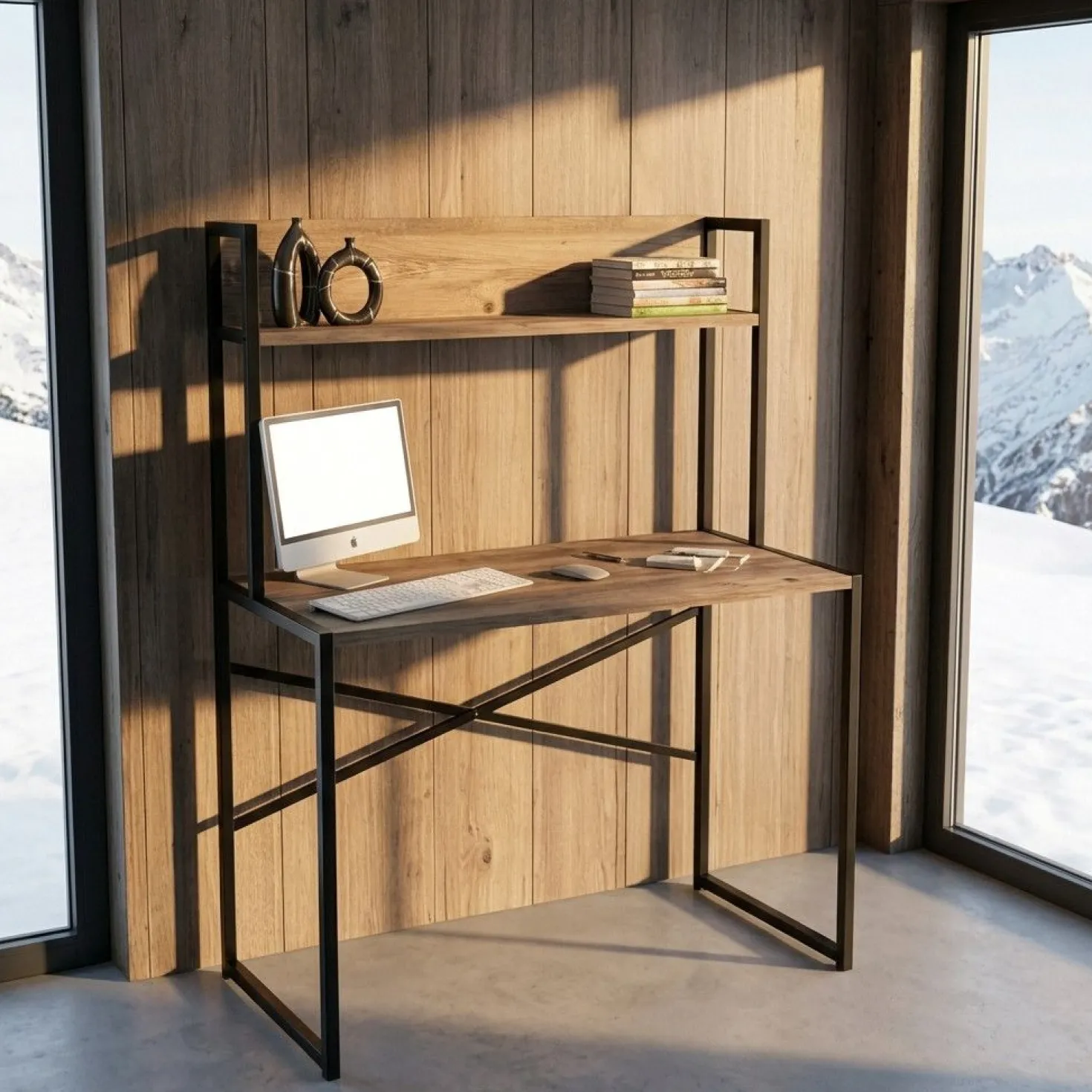 Bureau avec étagère style industriel Buzelin L100xP50cm Chêne