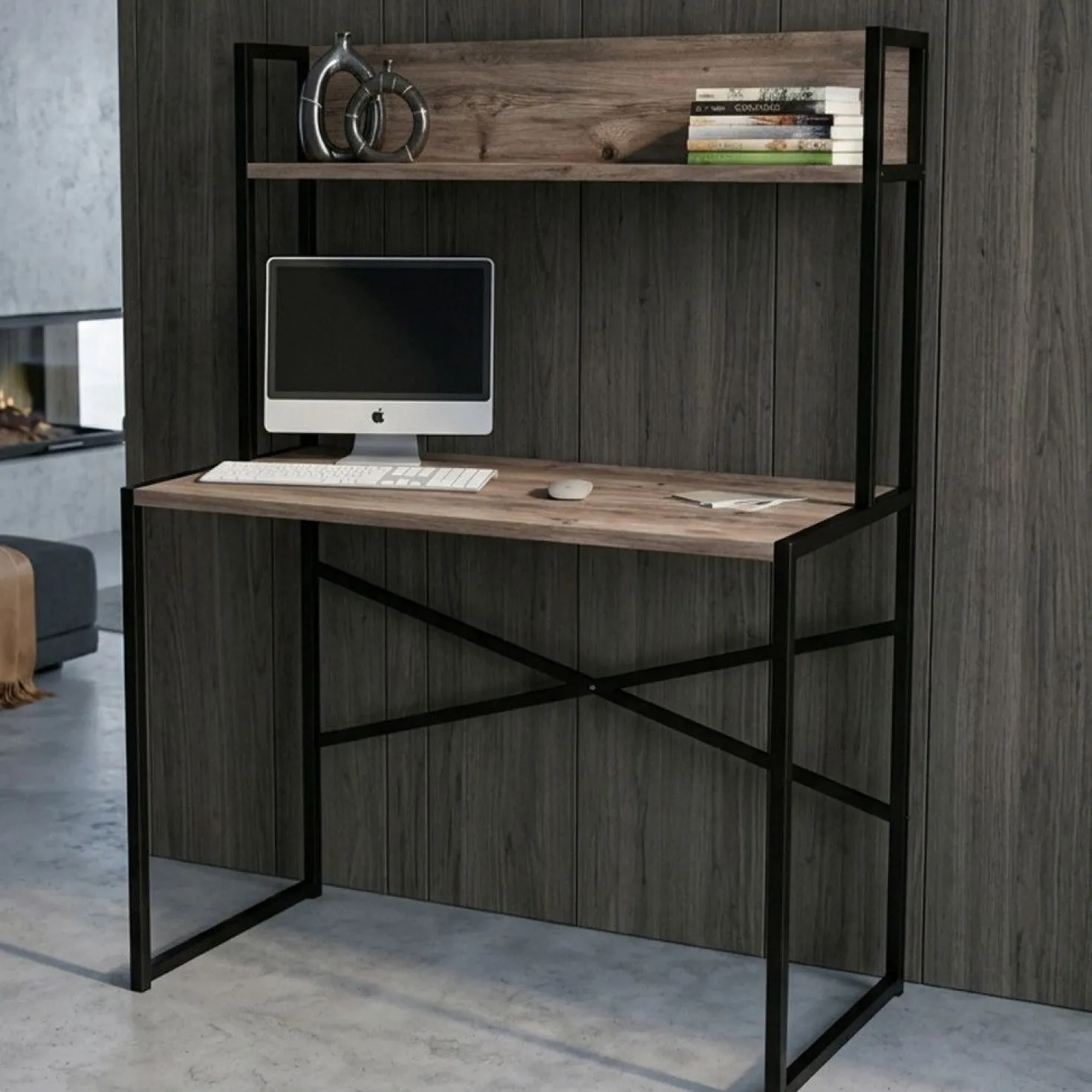 Bureau avec étagère style industriel Buzelin L100xP50cm Chêne