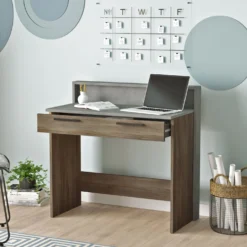 Bureau 1 tiroir Manolo Bois Marron et Effet Ciment Gris