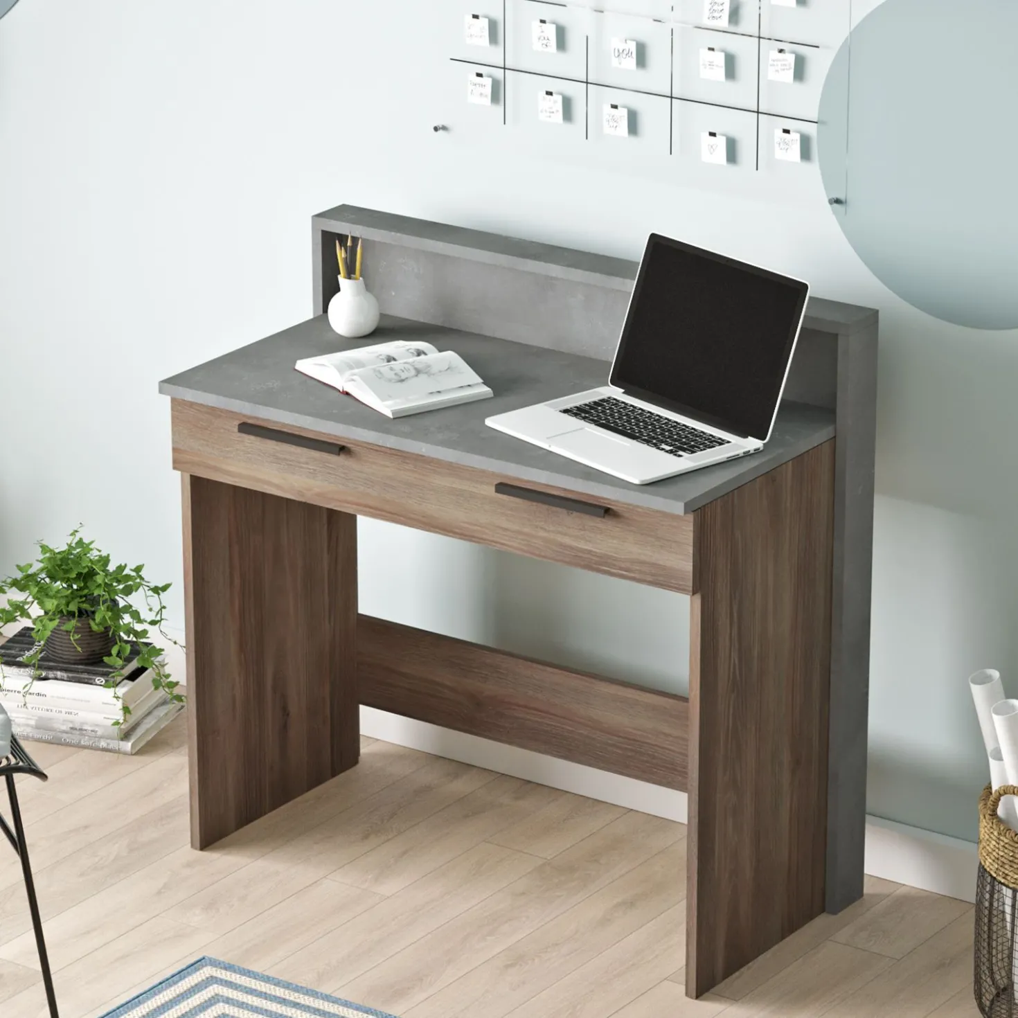 Bureau 1 tiroir Manolo Bois Marron et Effet Ciment Gris
