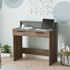 Bureau 1 tiroir Manolo Bois Marron et Effet Ciment Gris