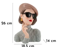 Buste Femme Parisienne Béret Beige Lunettes Noires Haut en Maille Grise