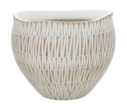 Cache-pot en polyrésine décoré de motifs géométriques et linéaires blanc et doré