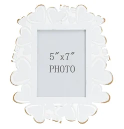 Cadre photo en métal blanc avec motifs cœur en verre doré