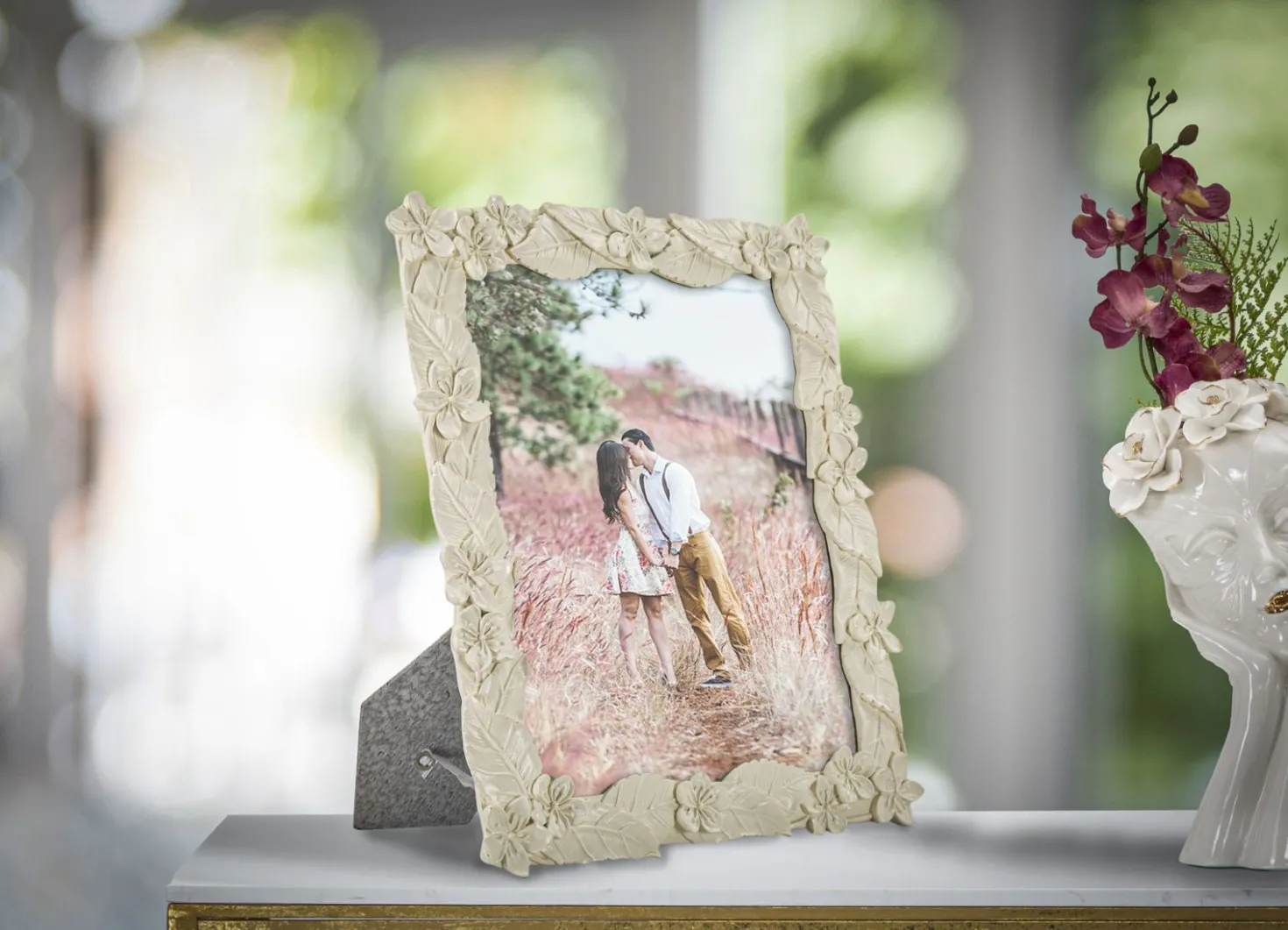 Cadre photo orné de feuilles en polyrésine Crème et verre