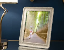 Cadre photo rectangulaire en résine polyrésine crème style bambou