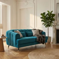 Canapé capitonné 2 places style boudoir Glams Velours Bleu canard
