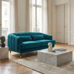 Canapé capitonné 2 places style boudoir Glams Velours Bleu canard