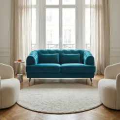 Canapé capitonné 2 places style boudoir Glams Velours Bleu canard