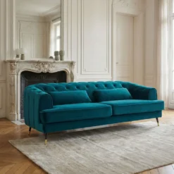Canapé capitonné 3 places style boudoir Glams Velours Bleu canard