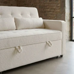 Canapé convertible 2 places Komaria Tissu bouclette Crème