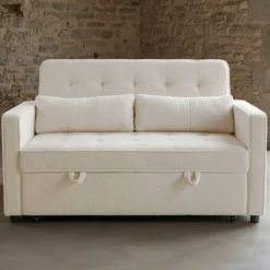 Canapé convertible 2 places Komaria Tissu bouclette Crème