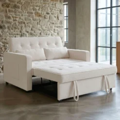 Canapé convertible 2 places Komaria Tissu bouclette Crème