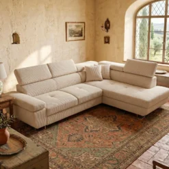 Canapé d'angle convertible Antoni avec têtières relevables angle à droite Velours côtelé Beige