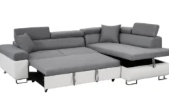 Canapé d'angle convertible Antoni avec têtières relevables angle à droite simili Blanc et tissus Gris clair