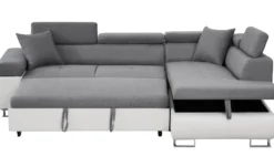 Canapé d'angle convertible Antoni avec têtières relevables angle à droite simili Blanc et tissus Gris clair