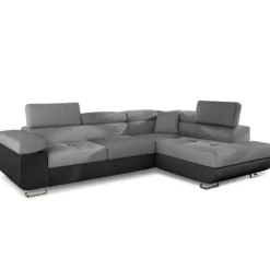 Canapé d'angle convertible Antoni avec têtières relevables Simili Noir et Tissu Gris foncé