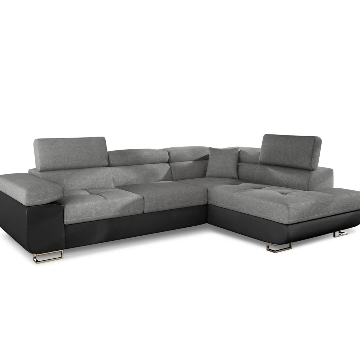 Canapé d'angle convertible Antoni avec têtières relevables Simili Noir et Tissu Gris foncé