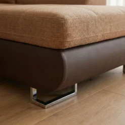 Canapé d'angle convertible Antoni avec têtières relevables angle à droite simili Marron et tissu Marron