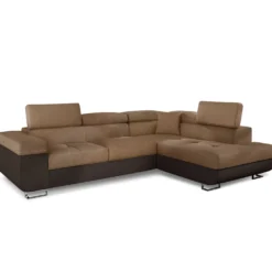 Canapé d'angle convertible Antoni avec têtières relevables angle à droite simili Marron et tissu Marron