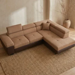 Canapé d'angle convertible Antoni avec têtières relevables angle à droite simili Marron et tissu Marron