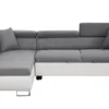 Canapé d'angle convertible Antoni avec têtières relevables angle gauche simili Blanc et tissus Gris clair