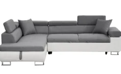 Canapé d'angle convertible Antoni avec têtières relevables angle gauche simili Blanc et tissus Gris clair