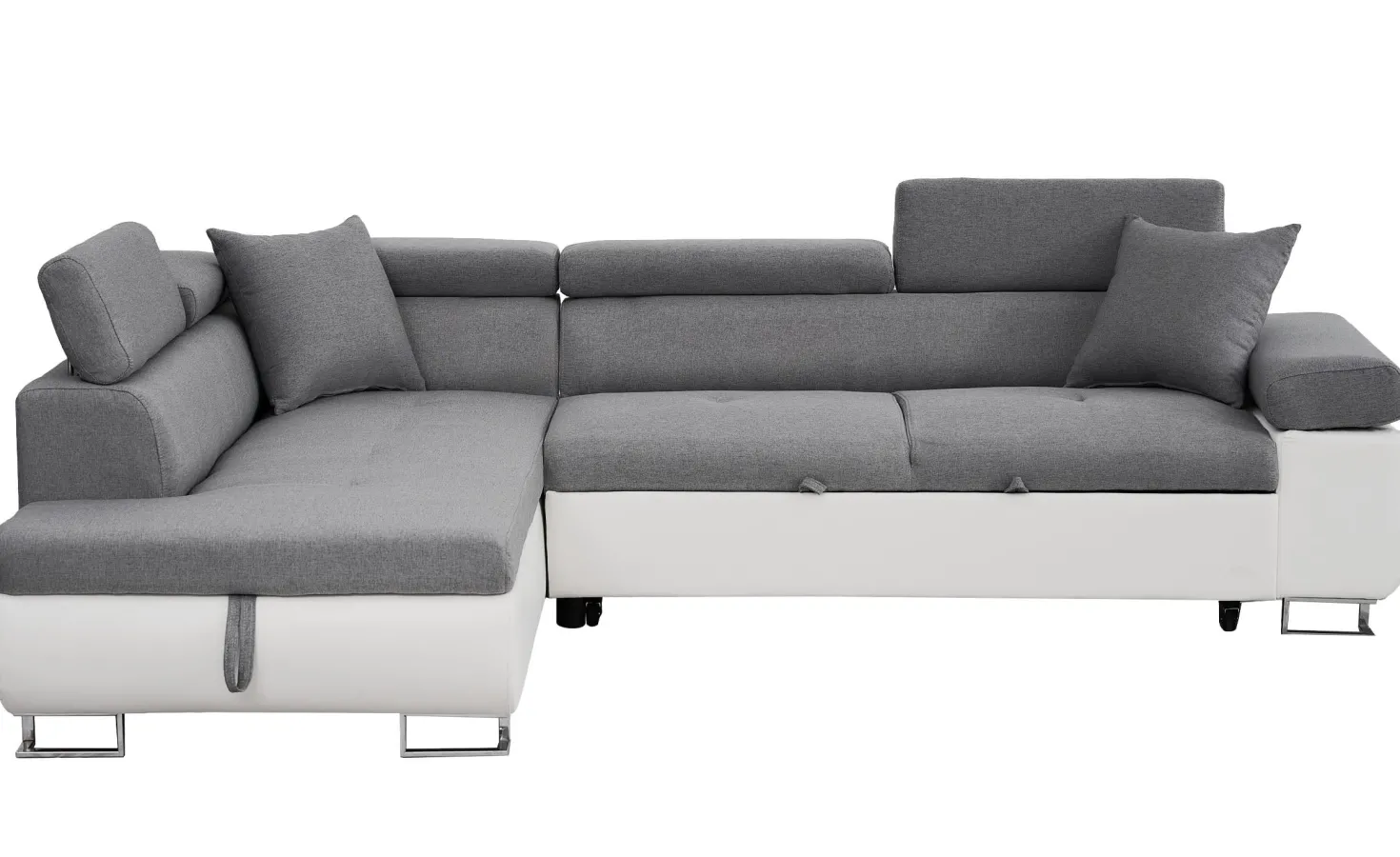 Canapé d'angle convertible Antoni avec têtières relevables angle gauche simili Blanc et tissus Gris clair