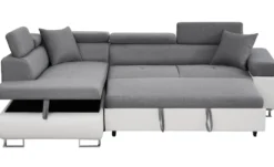 Canapé d'angle convertible Antoni avec têtières relevables angle gauche simili Blanc et tissus Gris clair