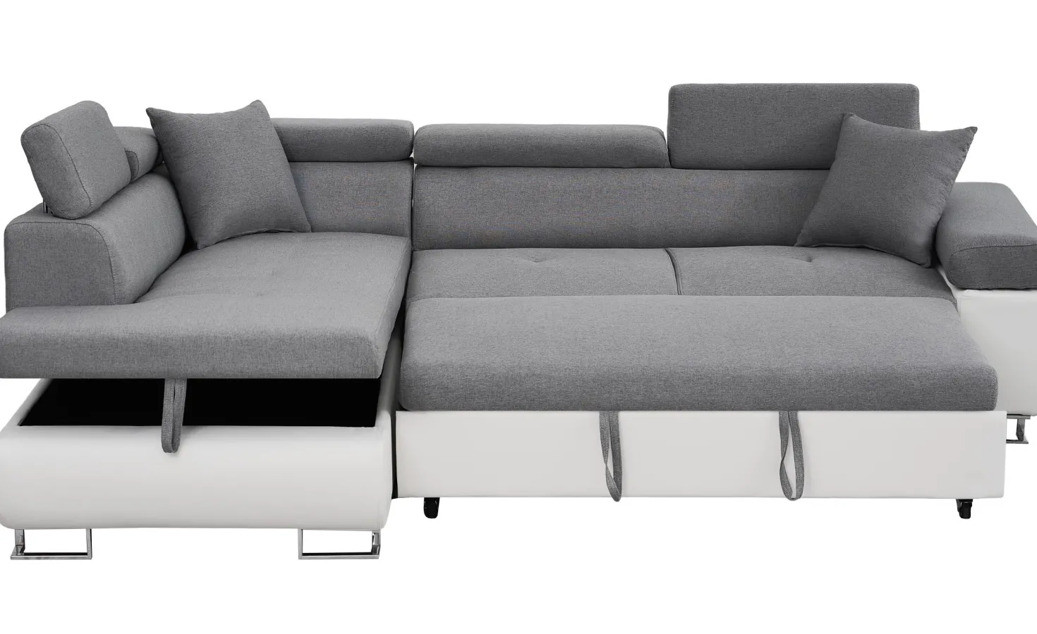 Canapé d'angle convertible Antoni avec têtières relevables angle gauche simili Blanc et tissus Gris clair