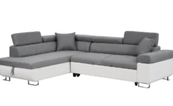 Canapé d'angle convertible Antoni avec têtières relevables angle gauche simili Blanc et tissus Gris clair