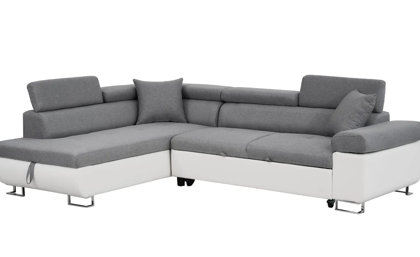 Canapé d'angle convertible Antoni avec têtières relevables angle gauche simili Blanc et tissus Gris clair