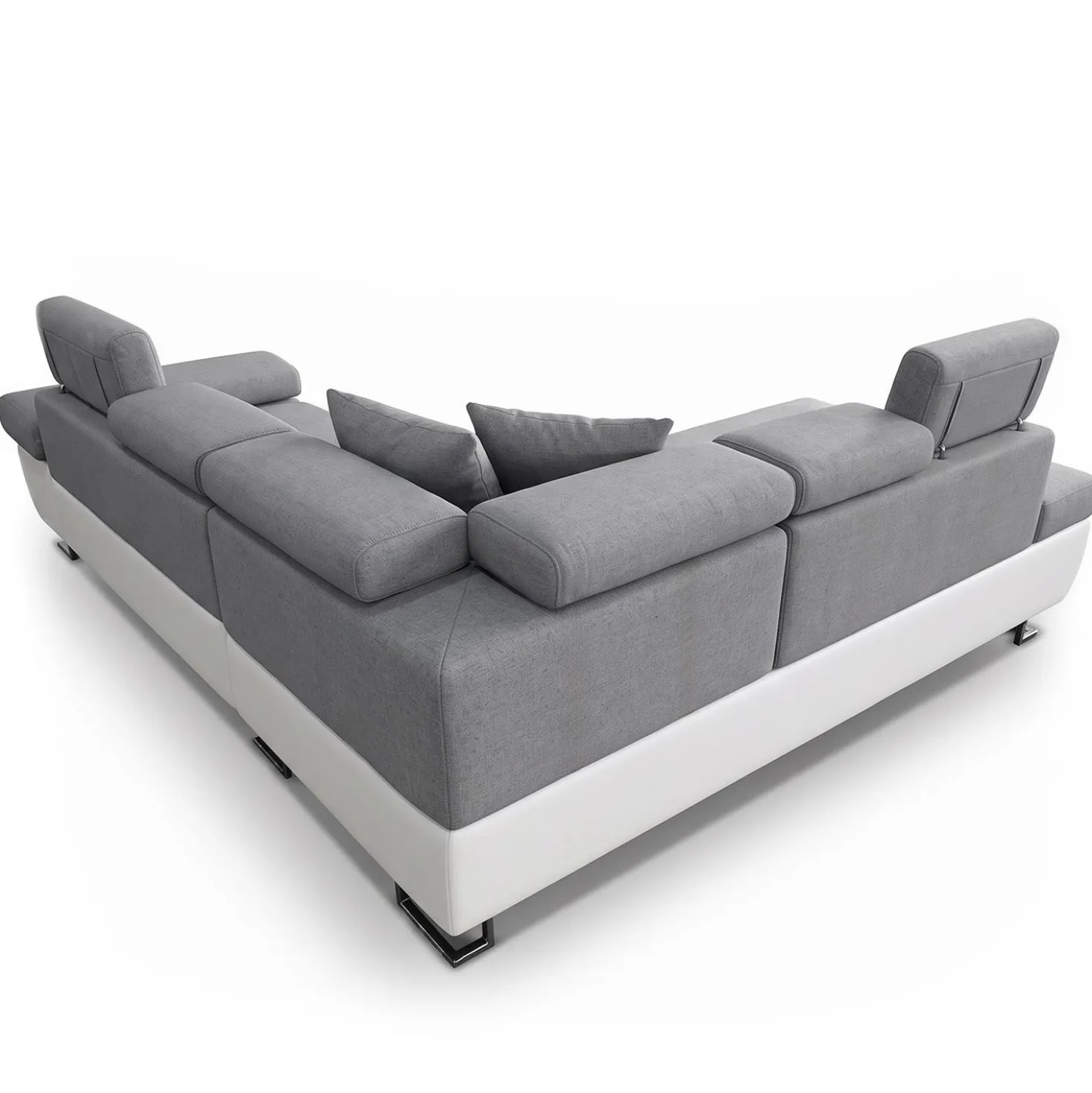 Canapé d'angle convertible Antoni avec têtières relevables angle gauche simili Blanc et tissus Gris clair