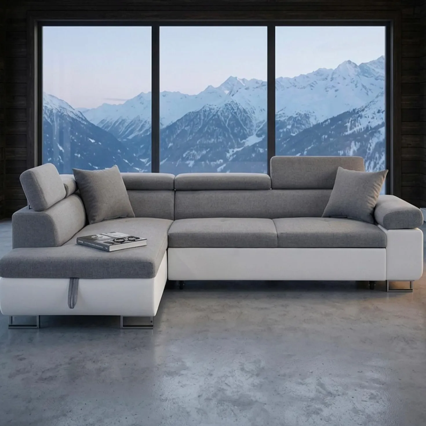 Canapé d'angle convertible Antoni avec têtières relevables angle gauche simili Blanc et tissus Gris clair