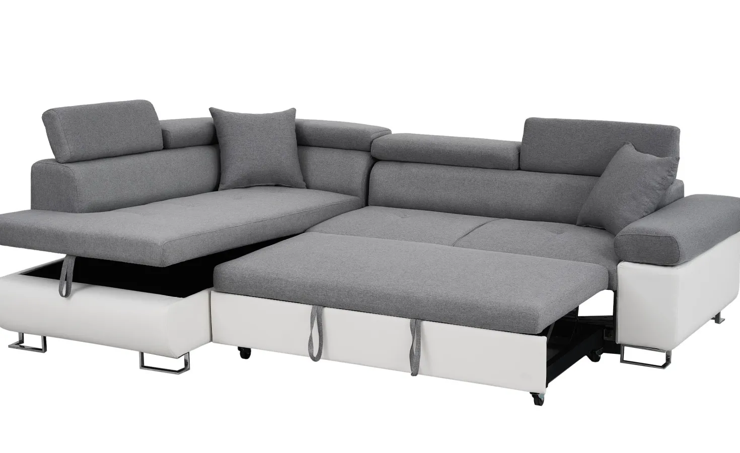 Canapé d'angle convertible Antoni avec têtières relevables angle gauche simili Blanc et tissus Gris clair